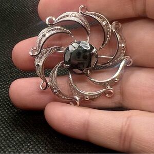 Vintage SORRENTO Sterling Silver Round Hematite Filigree Brooch‎ Pin Signed 2”